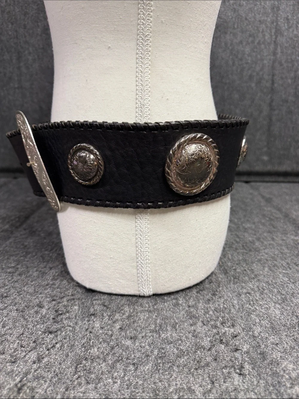 Big AL Vintage Western Black Leather Belt with Silver Engraved Buckle